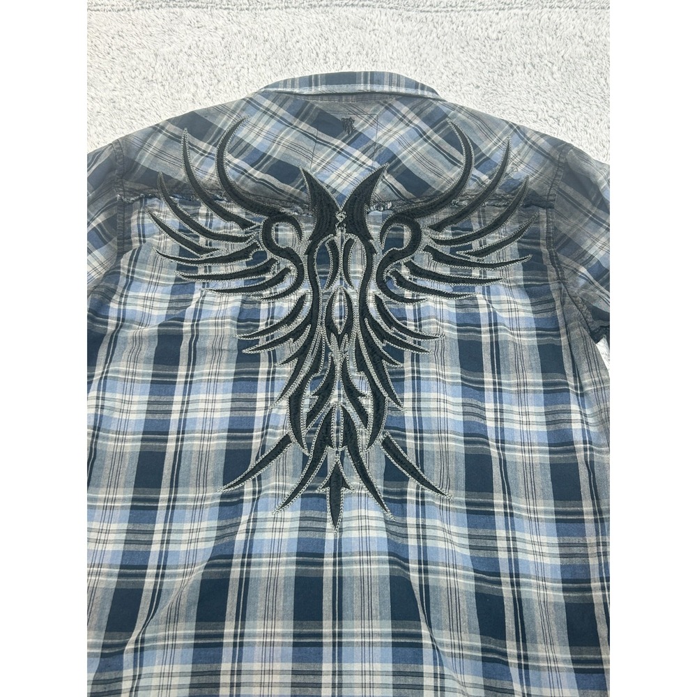 Roar Plaid Shirt Button Large Black‎ Gray Blue Embroidered Long Sleeve
